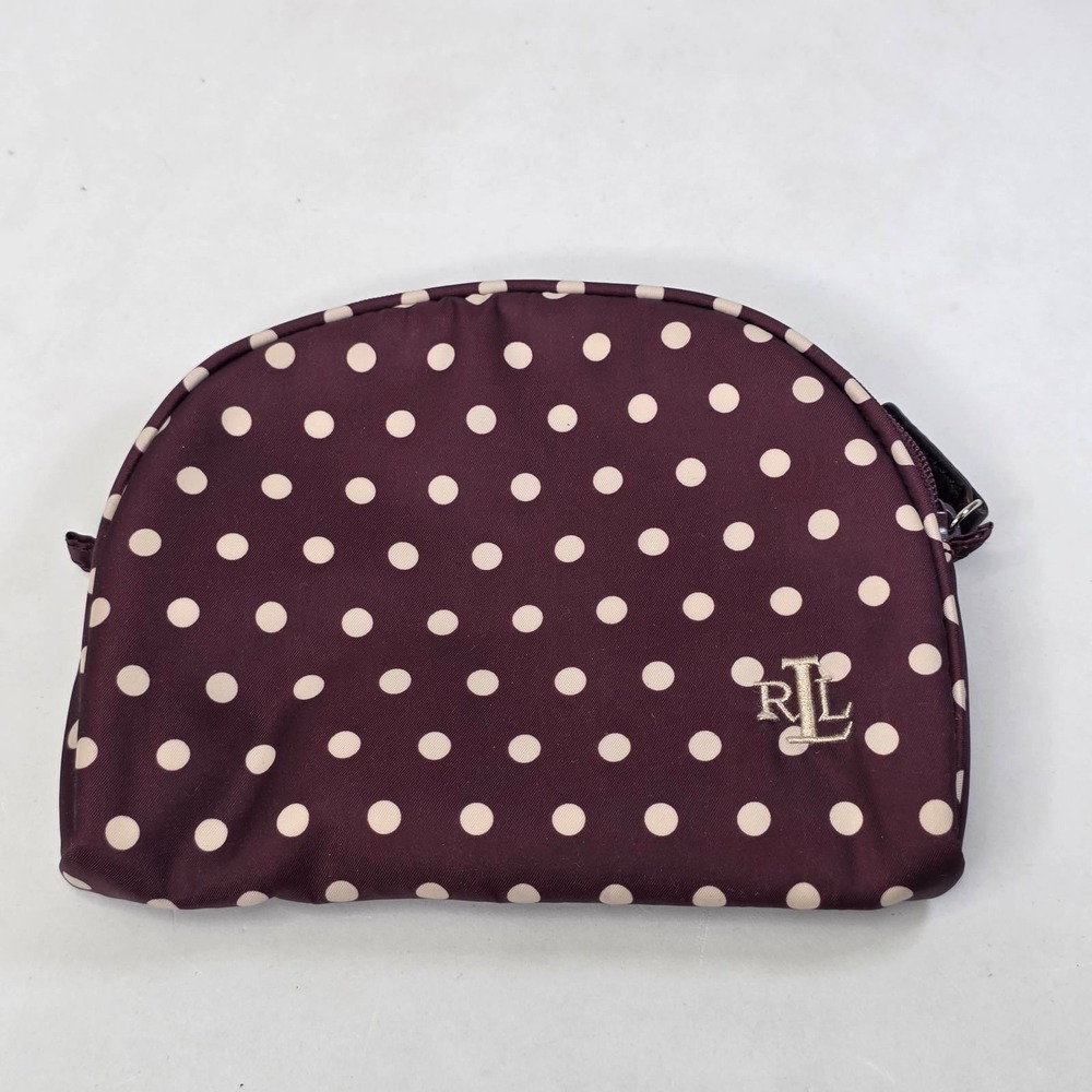 Lauren Ralph Lauren Burgundy Polka Dot Nylon Cosmetic Bag Dome Makeup Pouch